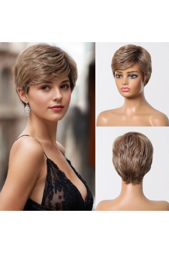 Short Pixie Cut Grey Human Hair Wig - 8 Inch Layered Fashion Blend Wig for Women, Daily Use