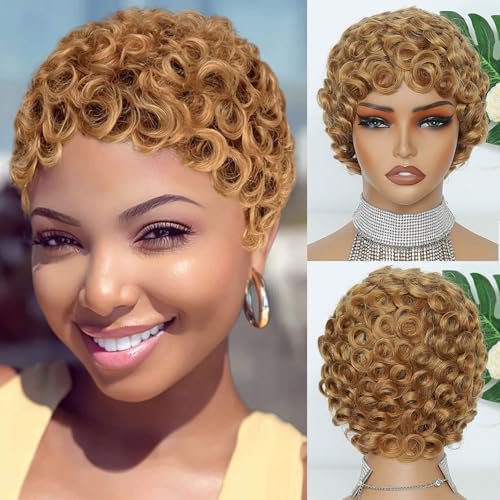 Short Pixie Cut Human Hair Wigs Blonde Color Glueless Human Hair Wigs For Black Women Pre Plucked 3"Short Curly Human Hair Wigs With Bangs