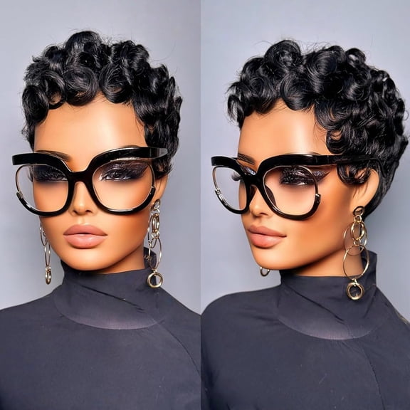 Short Pixie Cut Human Hair Wigs for Black Women, Curly Wavy Layered Wig with Bangs, Brazilian Virgin Hair Glueless 1B Color for Daily Use(1B Curly)