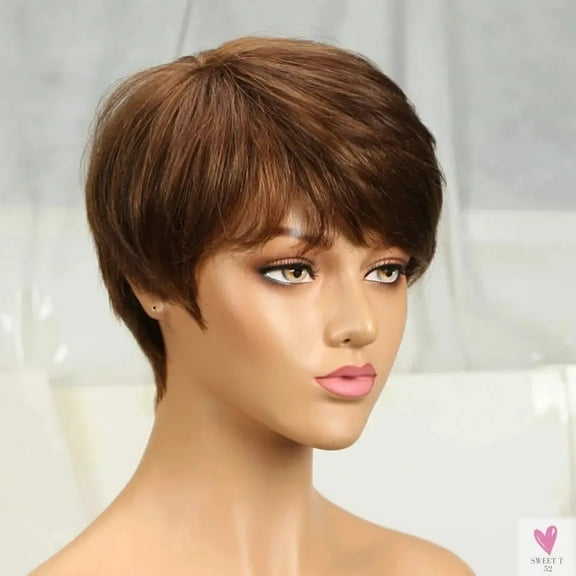 Short Pixie Cut Straight Human Hair Bob Wigs with Bangs for Women. Brazilian Remy Human Hair