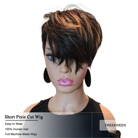 Short Pixie Cut Wig for Black Women Hair Nature looking Black Mixed Blonde Highlights Short Layered Side Part none lace front glueless Bob Cut Wig Brazilian 1B/30