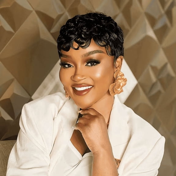 Short Pixie Cut Wig Human Hair Glueless Pixie Cut Wigs Layered Curly Wavy Full Machine Made Wigs With Bangs Natural Black Color for Daily Use