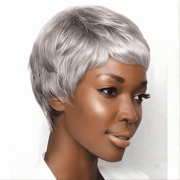 Short Pixie Cut Wig Human Hair- Gray Pixie Layered None Lace Front Wig with Bangs Natural Straight Full Machine Made Easy to Throw on and go Pixie Wigs Rose Net Cap