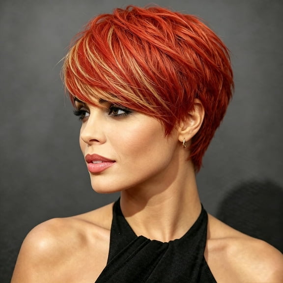 Short Pixie Cut Wig, Red with Blonde Highlights