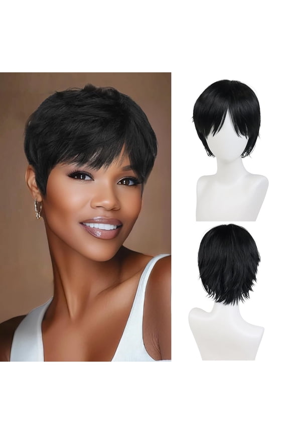 Short Pixie Cut Wig Synthetic Hair Wigs for Women with Bangs Natural Black Wig Layered Wavy Style Short Wigs for Women