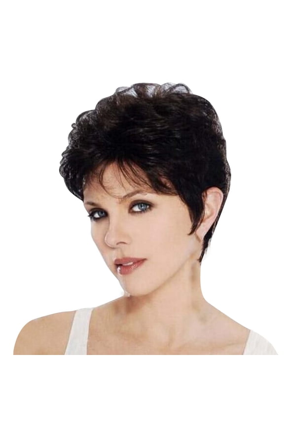 Short Pixie Cut Wig with Bangs for Women, Dark Brown Human Hair Blend Synthetic Wig, Natural Looking Hair Replacement Wigs(Black,28x18x5cm)