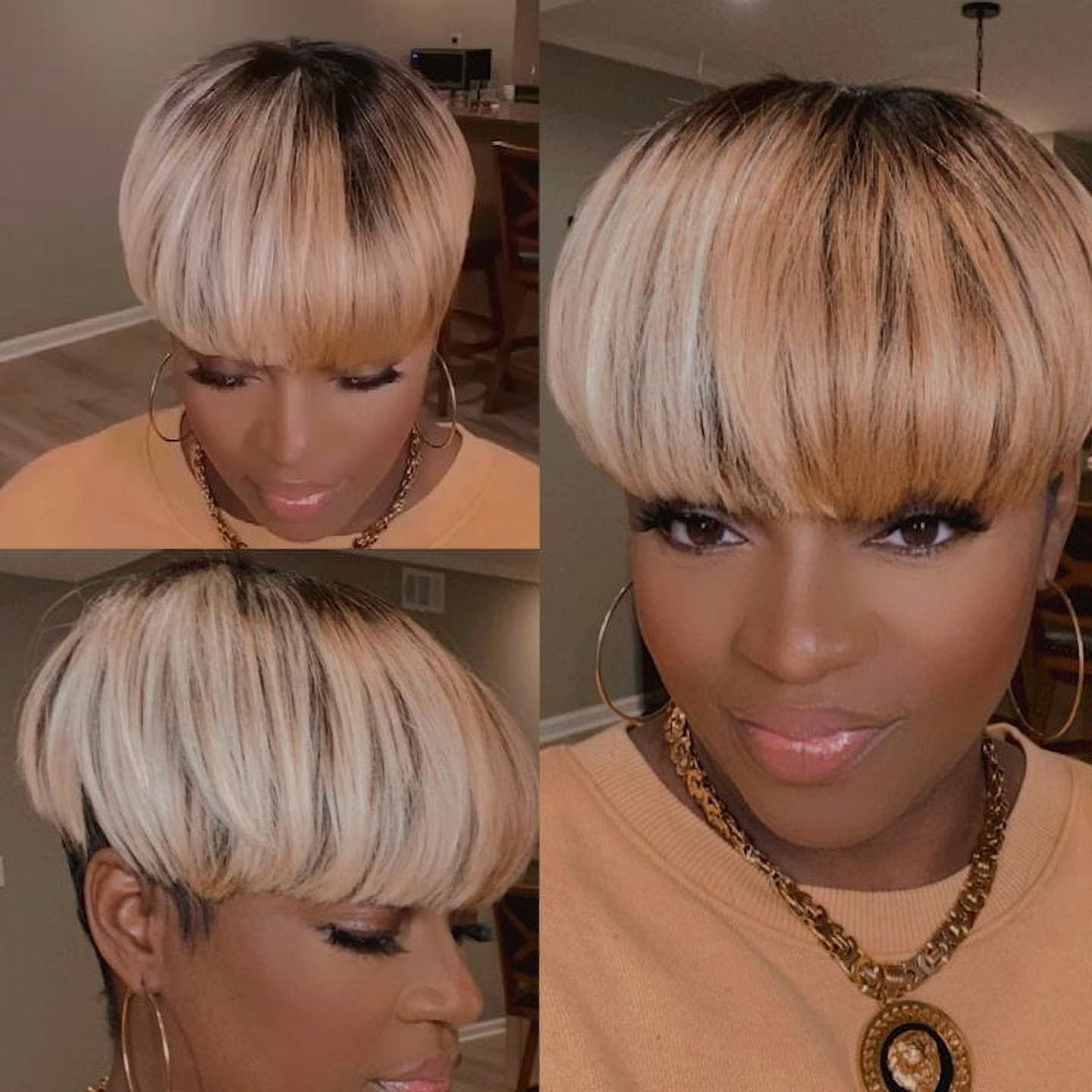 Short Pixie Cut Wig with Bangs for Women, Ombre Short Bob Hair Wig Synthetic Wigs for Women Pixie Cut Wig With Bangs
