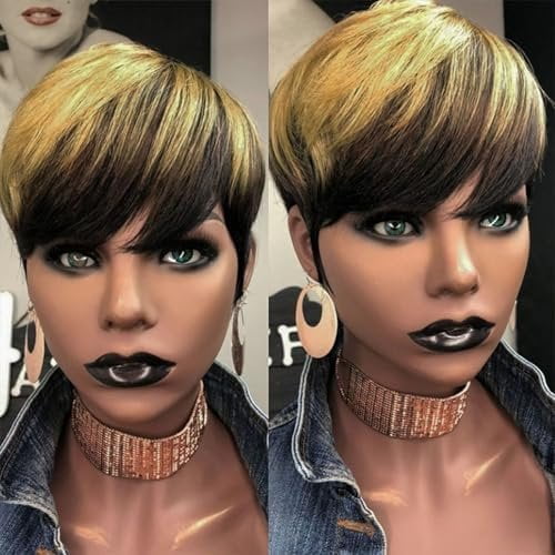 Short Pixie Cut Wigs for Black Women Ombre Blonde ShowReal Pixie Cut Human Hair Wig Glueless Straight Color Short Wig Pixie Wigs Layered Cut Blonde Hair Pixie Wigs for Black Women 9171-1B/4/27