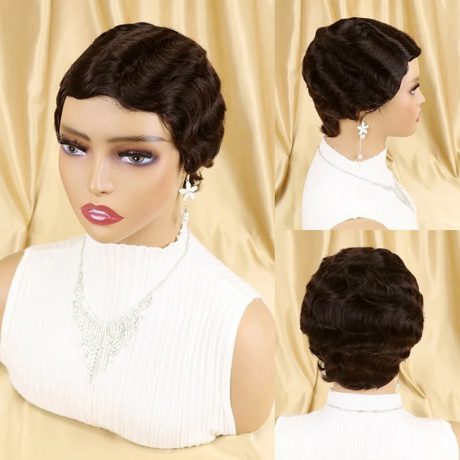 Short Pixie Cut Wigs for Black Women Mommy Brazilian Finger Ocean Wave Full Machine Made Remy Human Hair Cheap Wig for Party Dark Brown Color Walmart