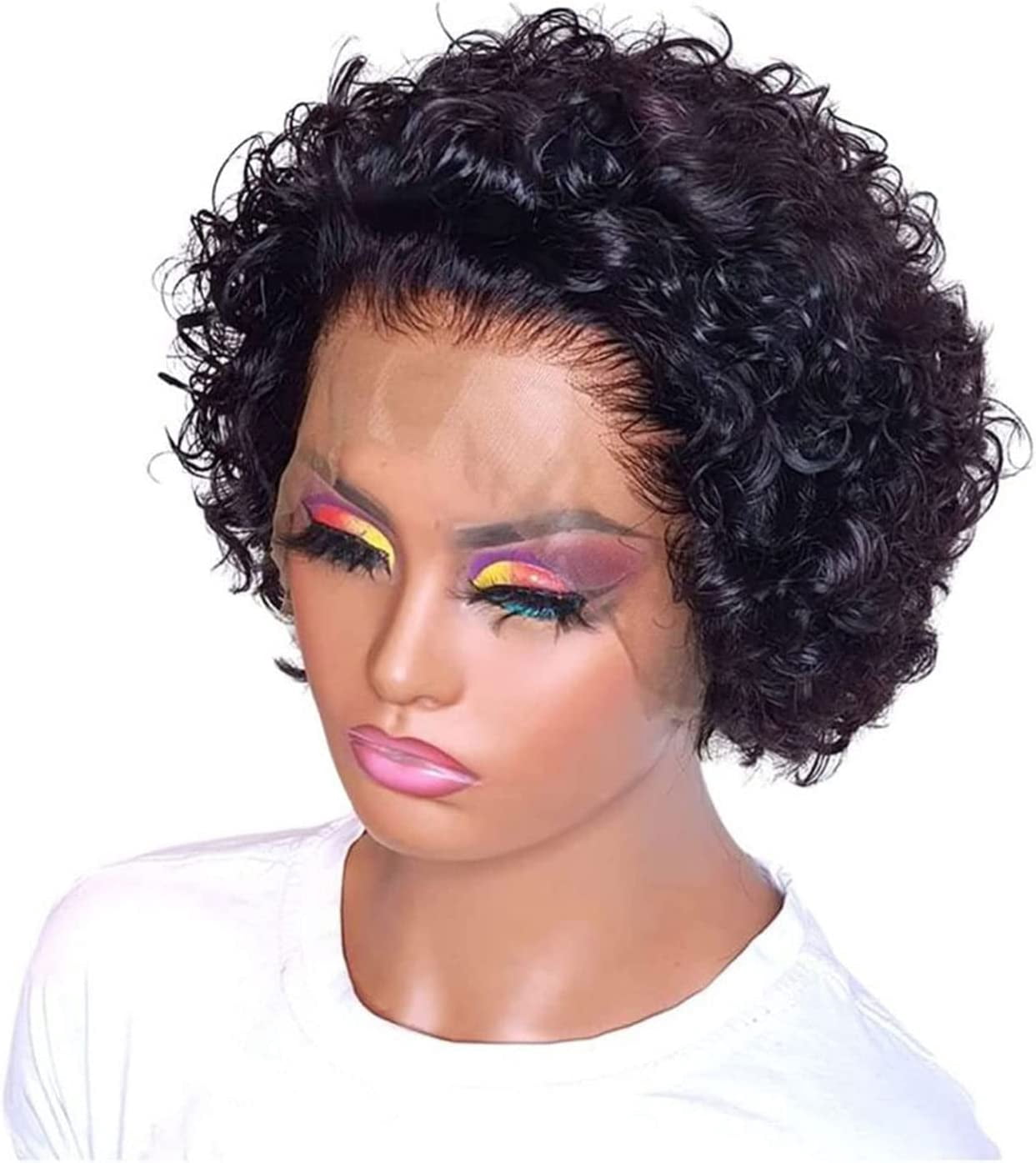 Short Pixie Cut Wigs for Women 13x1 Lace Front Human Hair Wigs Remy Brazilian Curly Wigs Natural Black 6 Inch 150% Density Tight Curls