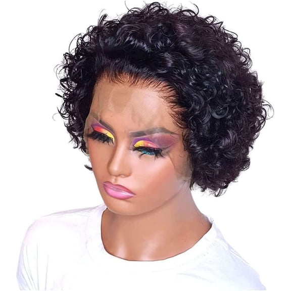 Short Pixie Cut Wigs for Women 13x1 Lace Front Human Hair Wigs Remy Brazilian Curly Wigs Natural Black 6 Inch 150% Density Tight Curls
