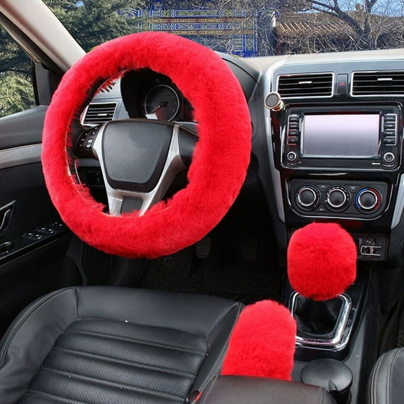 Short Plush Car Handle Cover Steering Wheel Cover Set – Winter Warm Steering Wheel Wrap for Car Interior Comforts Grip