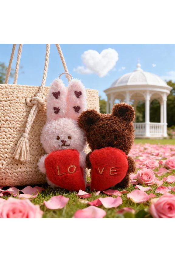 Short Plush Toys Cute Couple Bear Doll Pendant with "LOVE" Hearts Soft Plush Keychain for Backpack or Car(2PCS) JASKFLY