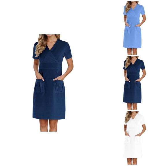 Short Pocket V-Neck Working Dress, Solid Short Sleeve Women's Casual Nurse Scrubs with Wrap Design, Holiday & Workwear Uniform