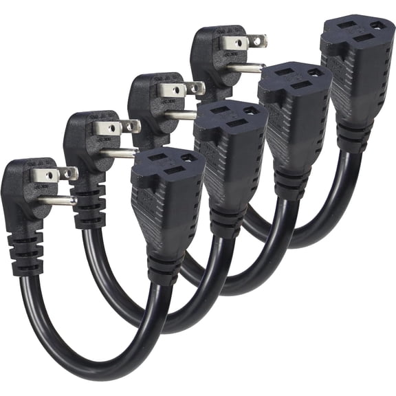 Short Power Extension Cord 6 Inch 14AWG SJTW Heavy Duty Outdoor Indoor Cable 90-Degree Flat Plug 15A 125V 1875W NEMA 5-15P to 5-15R Black 4-Pack