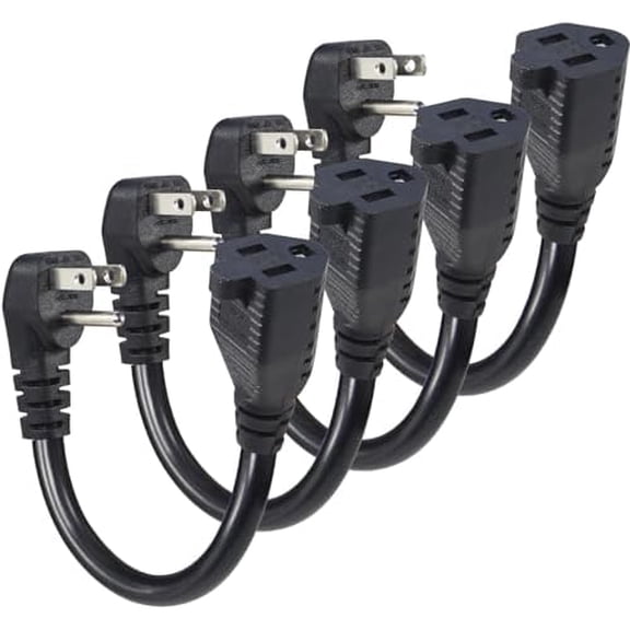 Short Power Extension Cord - Low Profile Wall Head 6 Inch 14AWG/3C SJTW Heavy Duty Extension Cable for Indoor/Outdoor, 90-Degree Flat Plug 15A/125V 1875W NEMA 5-15P to NEMA 5-15R, Black 4-Pack