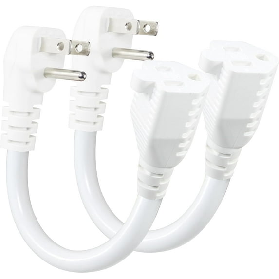 Short Power Extension Cord - Low Profile Wall Head 6 Inch 14AWG/3C SJTW Heavy Duty Extension Cable for Indoor/Outdoor, 90-Degree Flat Plug 15A/125V 1875W NEMA 5-15P to NEMA 5-15R, White 2-Pack