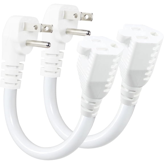 Short Power Extension Cord - Low Profile Wall Head 6 Inch 14AWG/3C SJTW Heavy Duty Extension Cable for Indoor/Outdoor, 90-Degree Flat Plug 15A/125V 1875W NEMA 5-15P to NEMA 5-15R, White 2-Pack