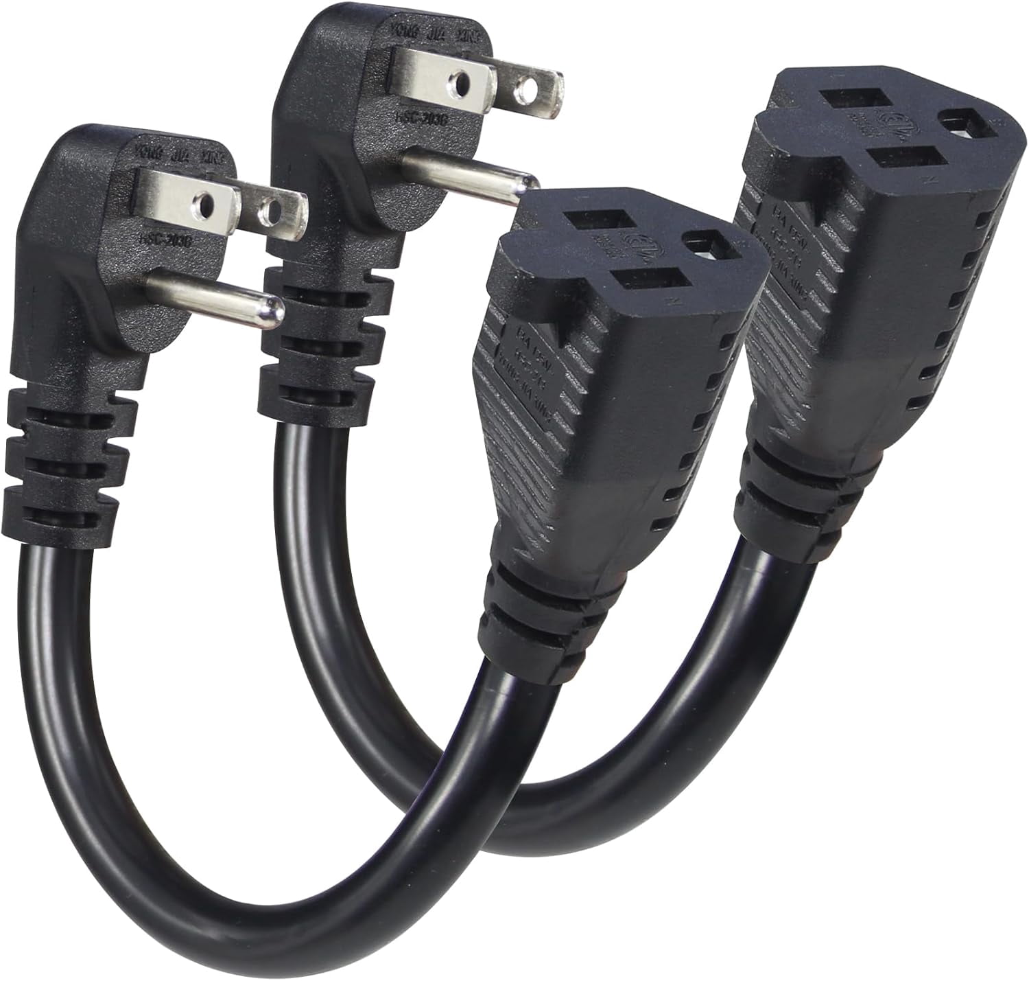 Short Power Extension Cord - Low Profile Wall Head 6 Inch 14AWG/3C SJTW Heavy Duty Extension Cable for Indoor/Outdoor, 90-Degree Flat Plug 15A/125V 1875W NEMA 5-15P to NEMA 5-15R, Black 2-Pack
