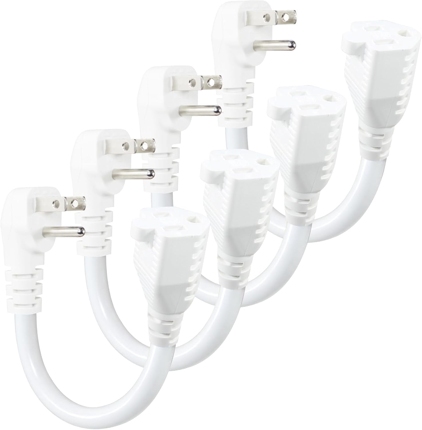 Short Power Extension Cord - Low Profile Wall Head 6 Inch 14AWG/3C SJTW Heavy Duty Extension Cable for Indoor/Outdoor, 90-Degree Flat Plug 15A/125V 1875W NEMA 5-15P to NEMA 5-15R, White 4-Pack