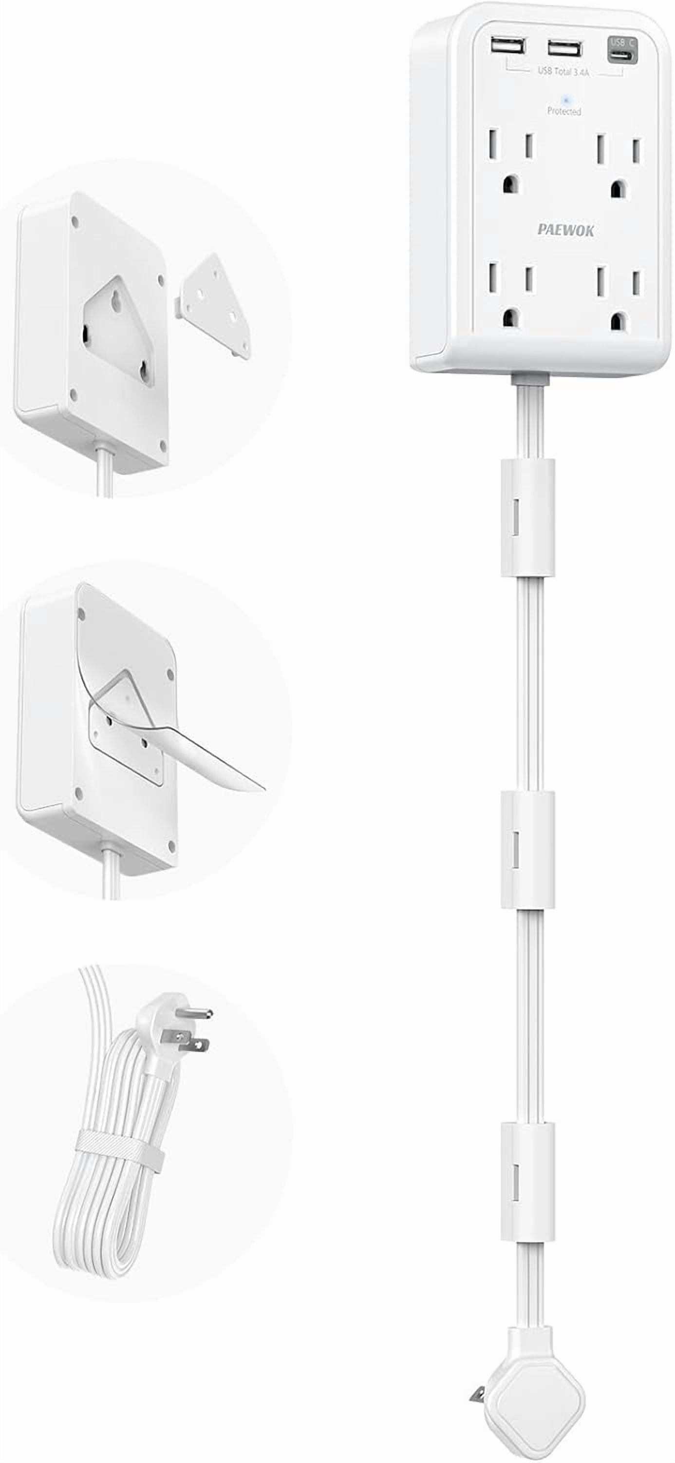 Short Power Strip 2FT - Flat Wall Extension Cord with 4AC Outlet and 3 USB Ports(1 Type C), Multi Plug Outlet Extender Small Sur Protector for Home Office Dorm, White