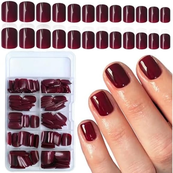 Short Press  Nails 240 count Glossy Burgundy Press  Nails Short Square Round  Nails Full Cover 10 Sheets  Adhesive Tabs,Small Wooden Sticks and  Files False Nails for Women