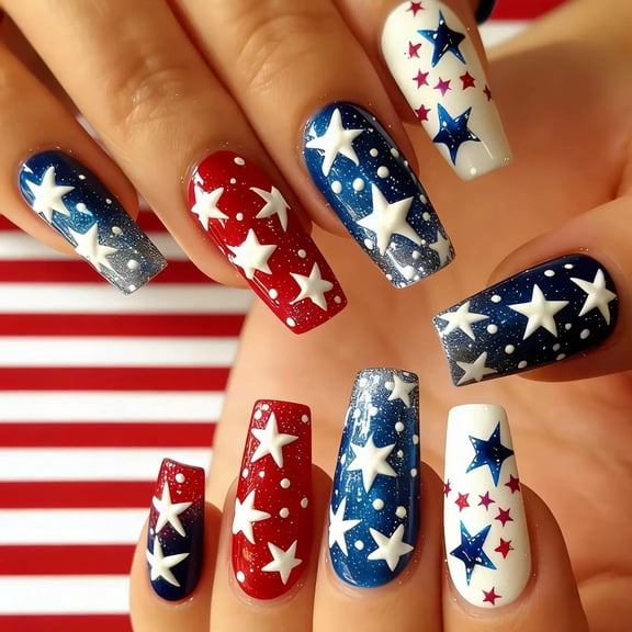 Short Press On Nails, Buy 2 Get 1 Free Blue Red White Fake Nails with Star Stripe Design, Glossy Square Acrylic Nails, Reusable Glue On Nails for Women Girls, Perfect for Holiday Party Daily Wear