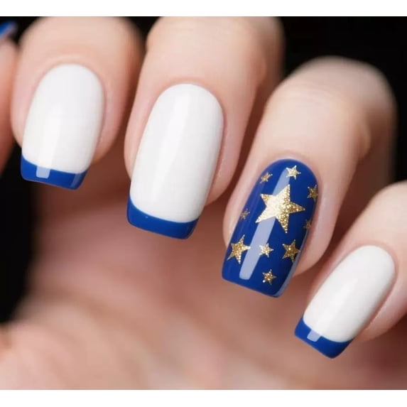 Short Press On Nails, Buy 2 Get 1 Free Blue Red White Fake Nails with Star Stripe Design, Glossy Square Acrylic Nails, Reusable Glue On Nails for Women Girls, Perfect for Holiday Party Daily Wear