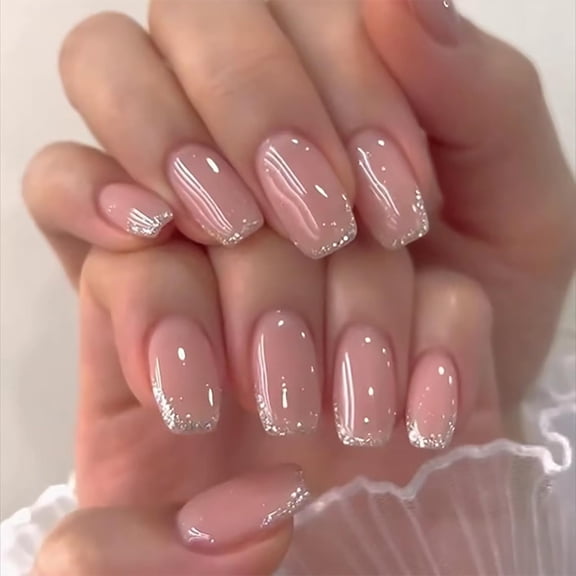 Short Press On Nails Coffin Fake Nails Wtih Glitter Designs Acrylic Nails Full Cover False Nails Artificial Glossy Nails Pink Glue On Nails Short Reuseable Stick On Nails For Women 24Pcs 11 1 Fl Oz