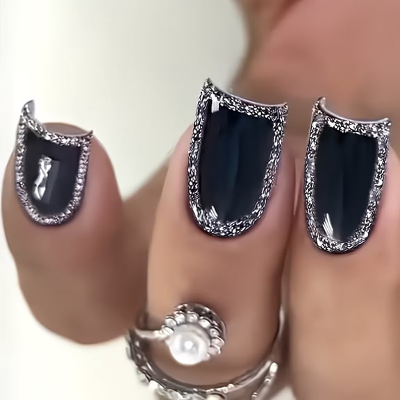 Short Press On False Nails 24 Pcs Pack Black Manicure Glitter Circle Design