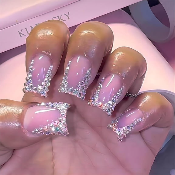 Short Press On Nails Square Rhinestone Design French Tips Cute Fake Girls Pink Silver