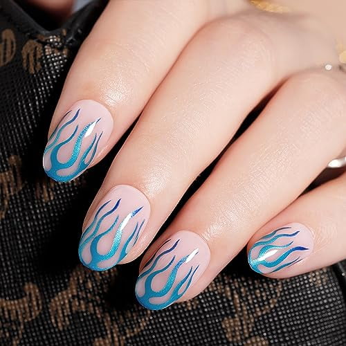 Short Press on Nails, Blue Green Flame Nails 24 PCS Fake False Nail Tips with Nail Glue