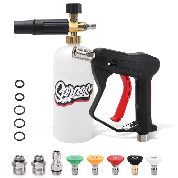 Short Pressure Washer Gun with Foam Cannon, 1L Foam Bottle, 1/4" Quick Connect, 3/8" Inlet, M22-14mm and M22-15mm Fittings, 5 Spray Nozzle Tips, Car Wash Cleaning Kit