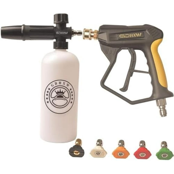 Short Pressure Washer Gun with Quick Connection 5000PSI, Light Duty Foam Cannon Thick Foam Blaster, 5 Nozzle Tips,For Pressure Washer