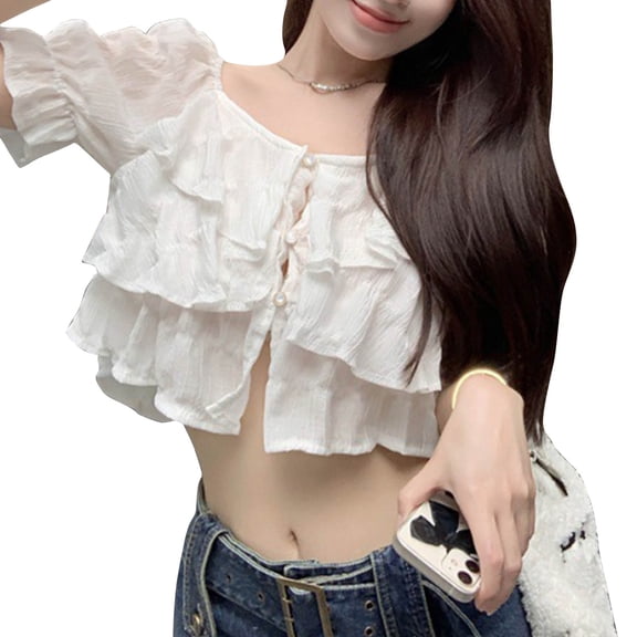 Short Puff Sleeve Blouse Ruffle Layered 2 Wearing Ways Button Up Off Shoulder Lady Casual Top for Summer White One Size (Suitable for About 4060kg / 88.2132.3lb)