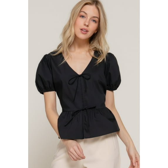 Short Puff Slv Tied Popline Top