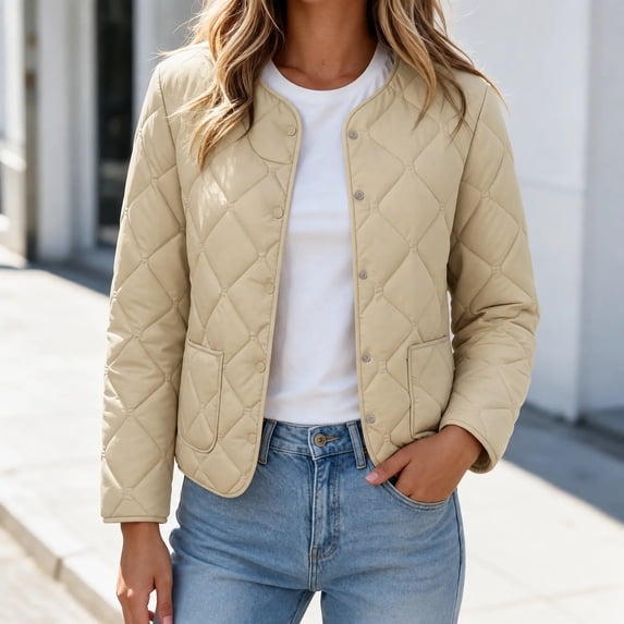 Short Puffer Jacket Womens Quilted Button Down Collarless Warm Fall Winter Casual Lightweight Windproof Coat with Pockets