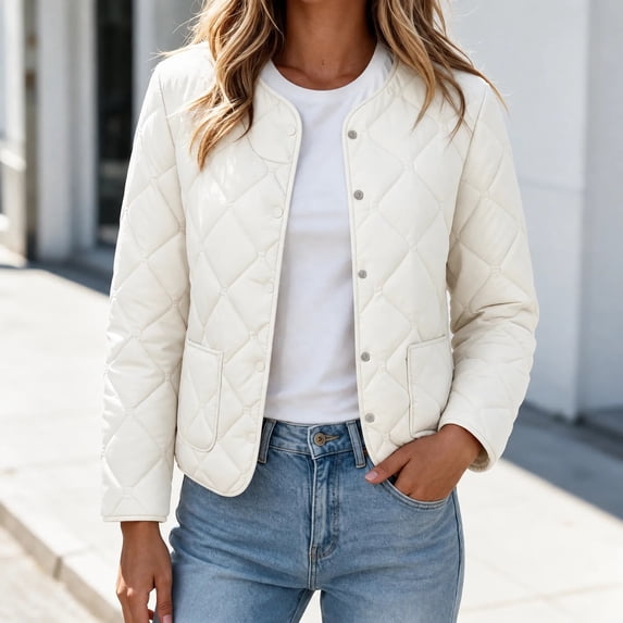 Short Puffer Jacket Womens Quilted Button Down Collarless Warm Fall Winter Casual Lightweight Windproof Coat with Pockets