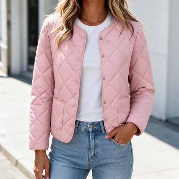 Short Puffer Jacket Womens Quilted Button Down Collarless Warm Fall Winter Casual Lightweight Windproof Coat with Pockets