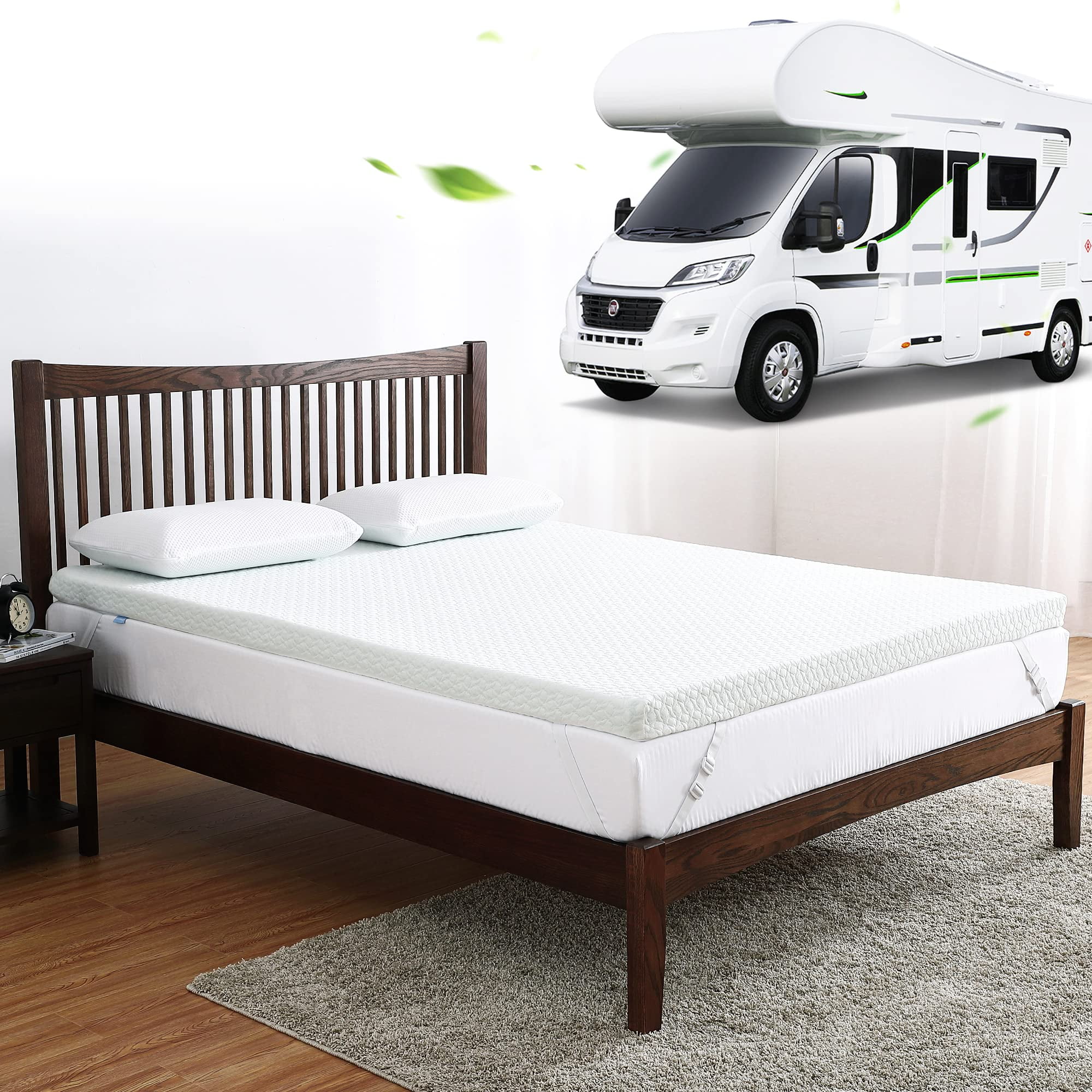 Homhougo RV Mattress Short Queen Size 2 Inch Green Tea Memory Foam Mattress Topper with Zippered