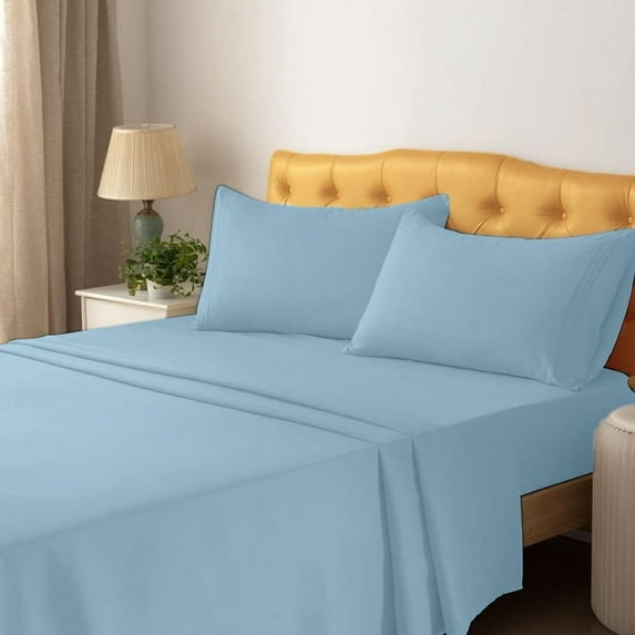 Short Queen Sheets 4 Pcs, 100% Brushed Microfiber Full Sheets to fit Upto 15" Deep Rv Short Queen Mattress - Light Blue Solid