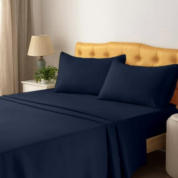 Short Queen Sheets 4 Pcs, 100% Brushed Microfiber Full Sheets to fit Upto 15" Deep Rv Short Queen Mattress - Navy Blue Solid