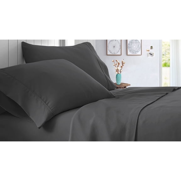 Short Queen Size 1000 Thread Count Sheet Set Solid - 4 Piece - Hotel Quality Super Soft Bed Sheets- 21" Deep Pockets Easy Fit - Breathable & Cooling Sheets ( Dark Gray )
