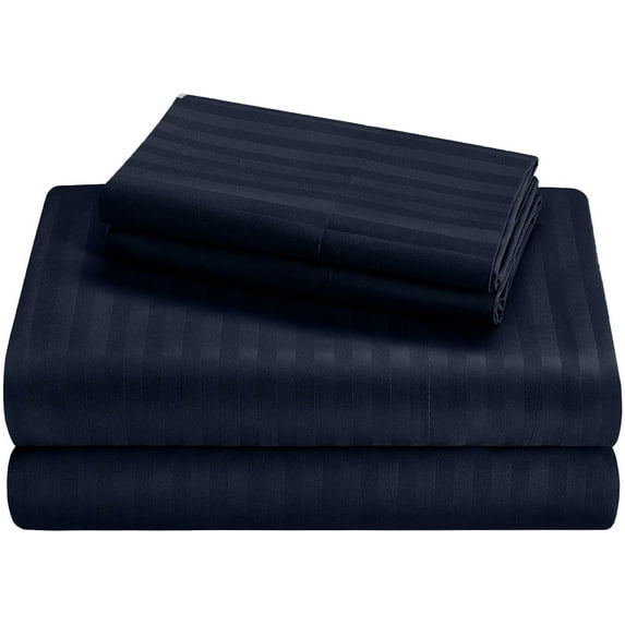 Short Queen Size Giza Striped Pattern Sheets - Premium 400-Thread-Count Soft 100% Pure Giza Egyptian Cotton 4PC, 15" Inches Deep Pockets - Navy Blue Stripe