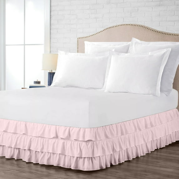 Short Queen Size Tailored Drop Multi Ruffled Solid Bed Skirt with Adjustable Elastic Belt Microfiber Fabric Fade & Wrinkle Resistant Bed Frame Cover Easy to Fit & Care (20 Inch Drop, Hot Pink)