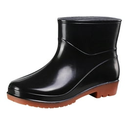 Women Black Rubber Rain Boots, Wedge Heel Design w/ Cotton Lining