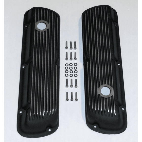 Short Retro Finned Black Aluminum Valve Covers