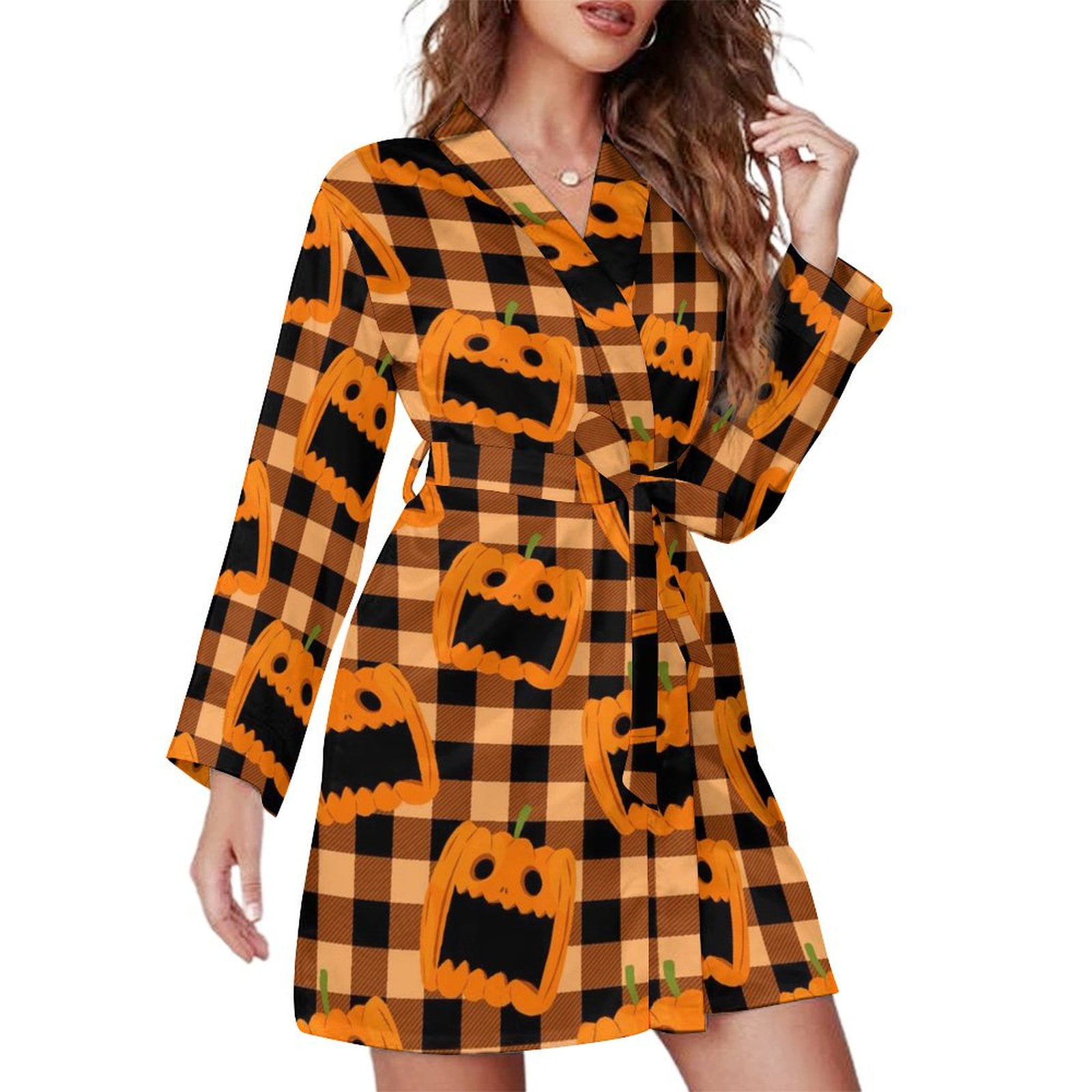 Short Robes Long Sleeve for Women Fun Halloween Pumpkin Funny Comfy