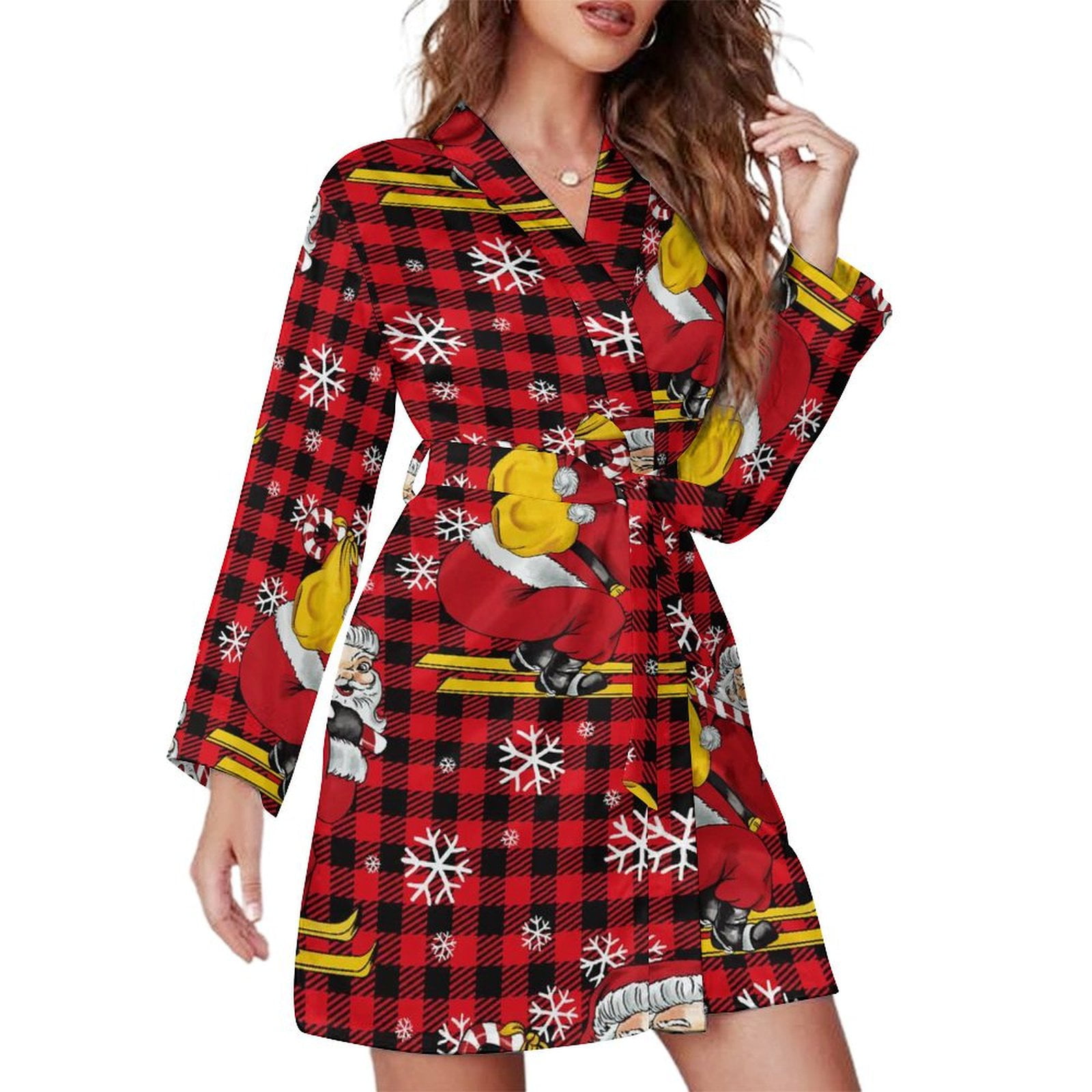 Short Robes Long Sleeve for Women - Vintage Santa Skiing Red Plaid Soft ...