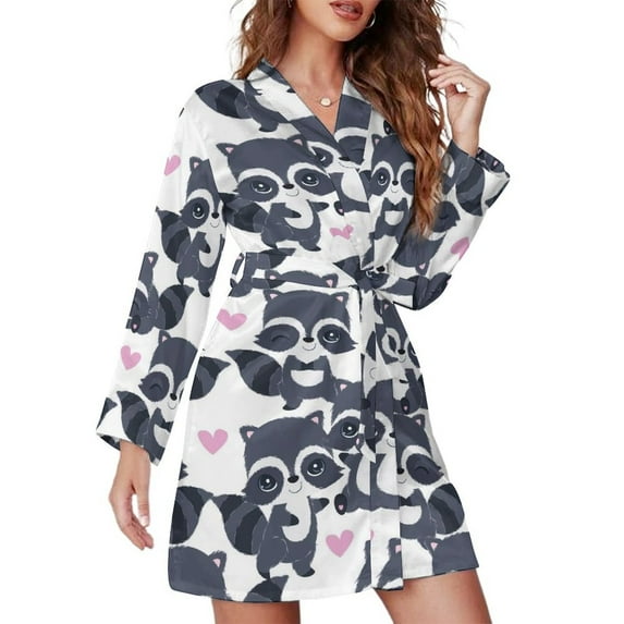 Short Robes Long Sleeve for Women - Cartoon Raccoon Soft Women's Belted Bathrobe Nightgown V Neck Cuteness Sleepwear Loungewear Dressing Gown